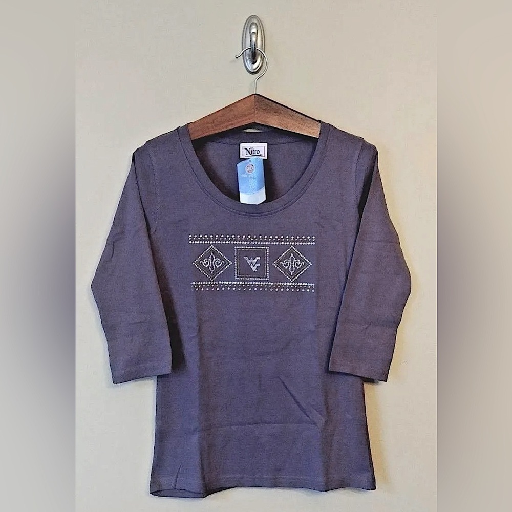 NEW West Virginia Mountaineers Women's 3/4 Sleeve Gray Rhinestones Top Small